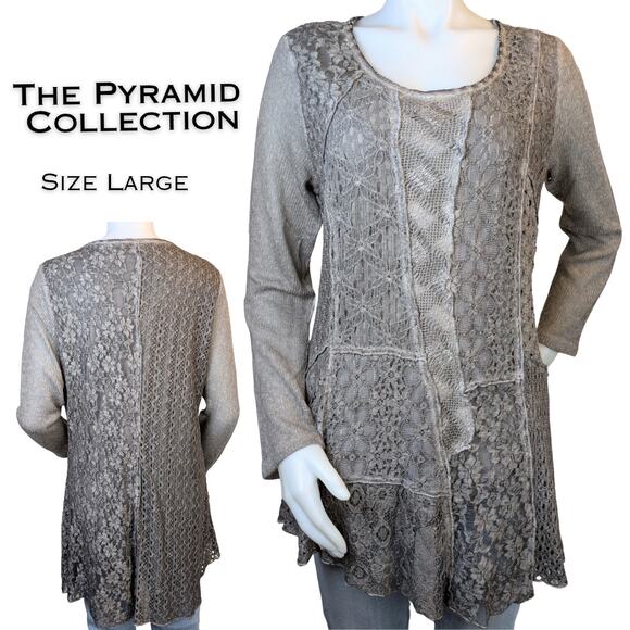 The Pyramid Collection Tunic Top Large Gray Lace Patchwork Boho Ruffled Flowy - Picture 1 of 12